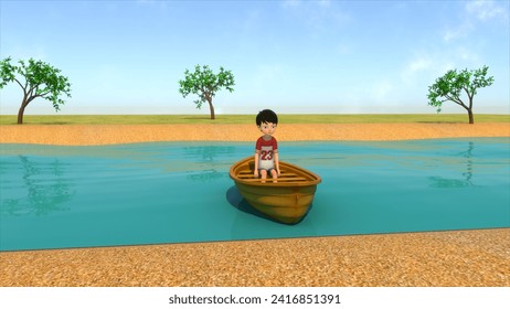 Boy standing on boat 3d illustration - Powered by Shutterstock