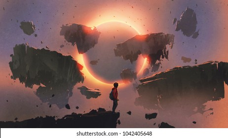 boy standing on the edge of the cliff looking at eclipse and rocks floating in the sky, digital art style, illustration painting