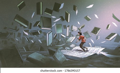 boy standing on the opened book and looking at other books floating in the air, digital art style, illustration painting