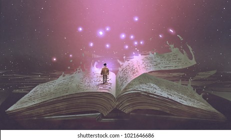 Boy standing on the opened giant book with fantasy light, digital art style, illustration painting