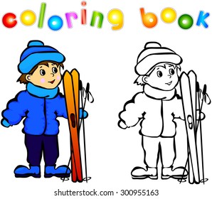 Boy Standing Skis Coloring Book Illustration Stock Illustration ...