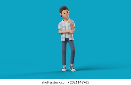 Boy standing thinking pose. Blue background. clean and unique 3d character with the pose. minimal style with copy space. 3D Illustration