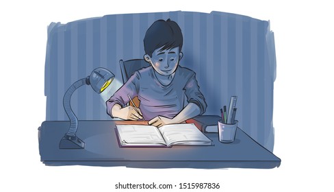 52 Boy studying in dark room Stock Illustrations, Images & Vectors ...