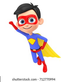 Boy Super Hero Flying A White Background. 3d Rendering.