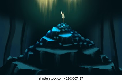 A Boy Trapped In A Cave Stood Atop A Pile Of Rocks, Looking At The Light That Crept Into The Cave. Light Of Hope That Will Break Out Of The Darkness. Digital Art Style. Illustration Painting