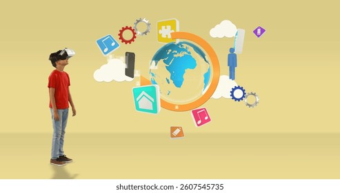 Boy using VR headset exploring digital world with colorful icons floating around. Virtual reality, technology, innovation, futuristic, immersive experience, gaming