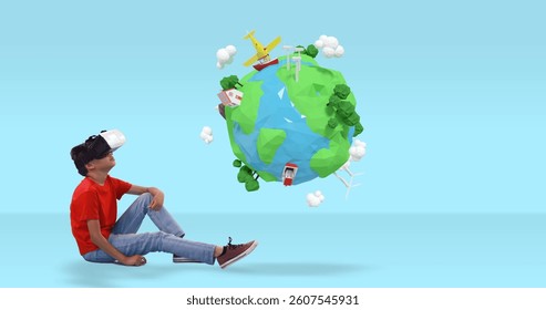 Boy using VR headset exploring virtual world with floating 3D globe. Virtual reality, technology, innovation, exploration, digital, interactive