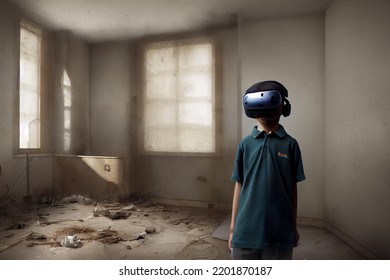 Boy With A VR Headset In An Empty Abandoned Room, Dystopia