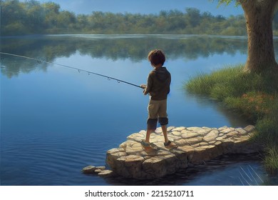 Boy Waiting With A Fishing Rod, Riverbank Art