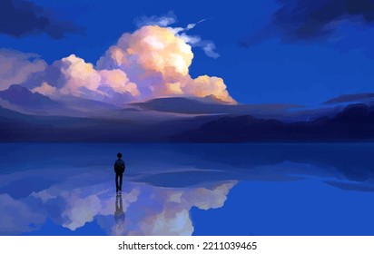 Boy Walking In Beach Alone At Evening Anime Digital Art Illustration Painting Wallpaper