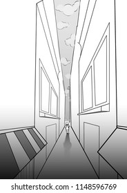 Boy Walking To Home From A Narrow Street Between Two Buildings At The Sunset Drawing After The School Perspective View Vanishing Point, Storyboard Illustration