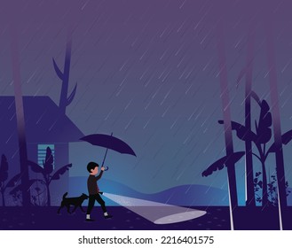 A Boy Walking In A Rainy Night Under A Umbrella With A Torch In His Hand