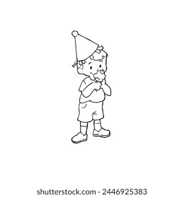 Boy wearing party hat eating ice cream cone. Birthday boy having ice cream. - Powered by Shutterstock