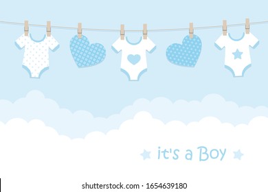 its a boy welcome greeting card for childbirth with hanging hearts and bodysuits illustration