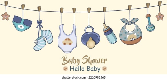 Its A Boy Welcome Greeting Card For Childbirth With Hanging Baby Utensils Illustration