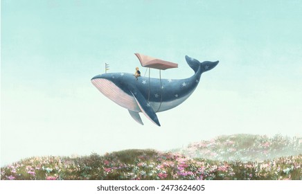 Boy and whale and book. education, imagination and dream concept art. surreal illustration. conceptual artwork. - Powered by Shutterstock