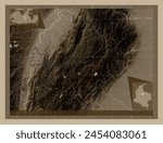Boyaca, department of Colombia. Elevation map colored in sepia tones with lakes and rivers. Corner auxiliary location maps