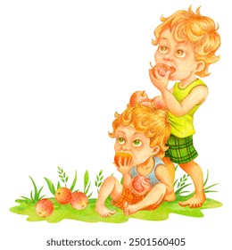 Boys enjoy fresh fruits having snack outdoors. Brothers eat ripe apples. Watercolor characters on harvest or garden theme. Isolated corner frame with children for banner, postcard and print design - Powered by Shutterstock