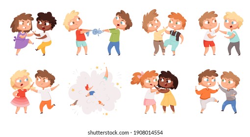 Boys Fighting. School Bully Angry Kids Punishing In Playground Cartoon Characters Set