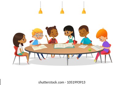 Boys and girls sitting around round table, studying, reading books and discuss them. Kids talking to each other at school library. Cartoon vector illustration for banner, poster, advertisement - Powered by Shutterstock