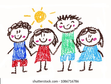Boys and girls. Summer, spring vacation. School, kindergarten, preschool image. Kids drawing style. Crayon drawing