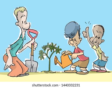 Boys Plant Tree Cartoon Stock Illustration 1440332231 | Shutterstock