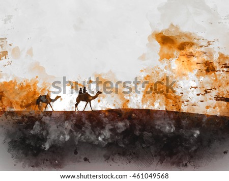 Boys riding camel on sand dune in desert, digital watercolor painting