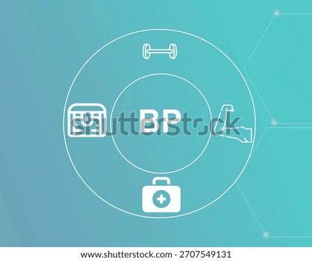 BP acronym.Bench Pressconcept.BP (Bench Press) is a weightlifting exercise strengthening chest, shoulder, and arm muscles by pressing a barbell upward.