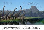 Brachiosaurus altithorax herd and a flock of Pterosaurs in a scenic Late Jurassic landscape (3d rendering)