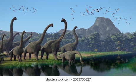 Brachiosaurus altithorax Herde und eine Herde von Pterosauriern in einer malerischen Landschaft von Late Jurassic (3D-Rendering)
