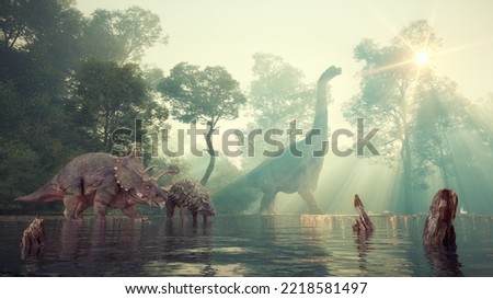 Brachiosaurus, ankylosaurus and triceratops in the valley at the lake. This is a 3d render illustration. Stock foto © 