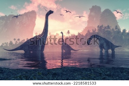 Brachiosaurus dinosaur in water next to islands with palm trees. This is a 3d render illustration Stock foto © 