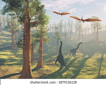 Brachiosaurus in the forest and pterodactyls flying above . This is a 3d render illustration . 