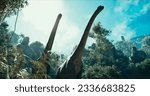 Brachiosaurus herd, sauropod walking in search of food. Jurassic period, Mesozoic era. 3D rendering. . 3D Illustration