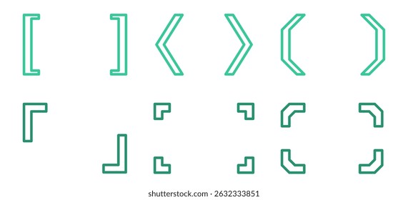 Brackets icon set. Green simple frame.