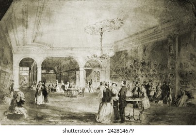 Brady's Daguerrean Gallery in 1854. New Yorkers converse and look at daguerreotypes. In the background, an operator stands beside a camera. Drawing used by Brady to advertise his studio.