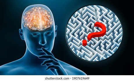 Brain activity of man while thinking 3D rendering illustration. Neuroscience, neurology, anatomy, science, medicine, psychology, intellect, IQ, riddle concept. - Powered by Shutterstock