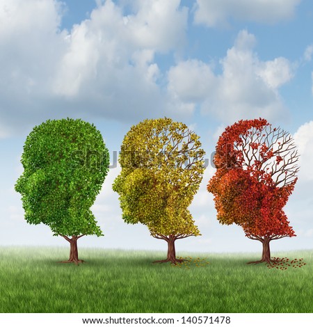 Brain aging and memory loss due to Dementia and Alzheimer's disease as a medical icon of a group of color changing autumn fall trees shaped as a human head losing leaves as intelligence function. Stock photo © 