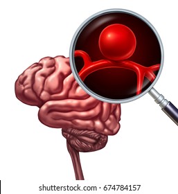 Brain aneurysm or cerebral aneurysms medical disorder concept as a magnification of a human thinking organ with a blood vessel with an inflammation symbol as a risk of rupture as a 3D illustration.