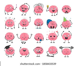 Brain cartoon character set with happy face smile. Cute hero brain emoji isolated on white background. Brainpower avatar with different emotion and face expression illustration
