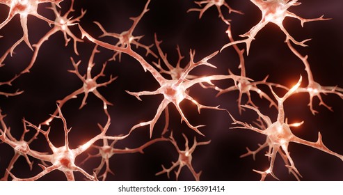 Brain Cells, Firing Neurons On Dark Background, Nervous System 3d Illustration