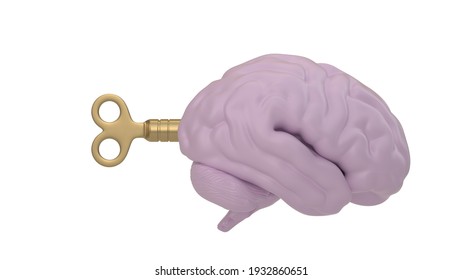 Brain With Clockwork Key Isolated On White Background, 3D Rendering. 3D Illustration.
