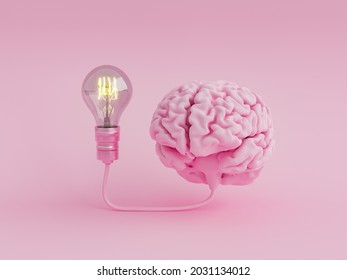 brain connected to an illuminated light bulb. monochromatic scene in pastel color. minimal concept of thoughts, intelligence, technology, education and learning. 3d rendering