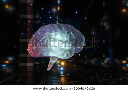 Brain and dark cubic space background, 3d rendering. Computer digital drawing.