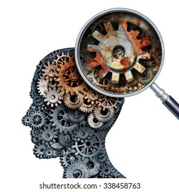 Brain Decline And Dementia Or Aging As Memory Loss Concept For Brain Cancer Decay Or An Alzheimer's Disease With Old Rusting Mechanical Gears And Cog Wheels In The Shape Of A Human Head With Rust.