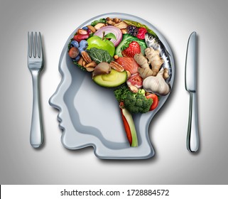 Brain Diet And Food Psychology Or Nutritional Psychiatry As Healthy Food Shaped As A Thinking Organ With A Plate In The Shape Of A Human Head With 3d Illustration Elements.