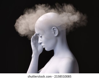 Brain Fog. Profile Of A Stressed Female Figure With Fog Around Her Head. 3D Illustration.