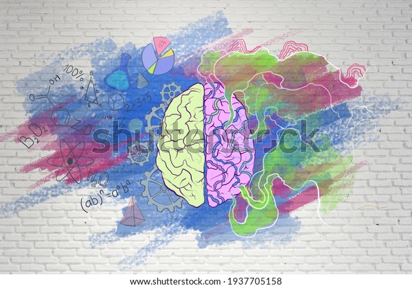Brain function concept with handwriting sketch\
of right and left brain hemispheres, science symbols and creativity\
illustration. 3D\
rendering