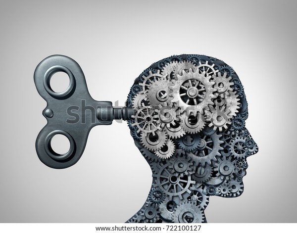 脳機能のシンボルと心理学は 人間の頭としての機器と歯車のシンボルを持ち 3dイラストとしての思考コンセプトとしてのコグシンボルを持つ のイラスト素材