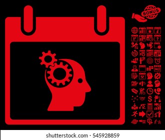 Brain Gears Calendar Day pictograph with bonus calendar and time management graphic icons. Glyph illustration style is flat iconic symbols, red, black background. - Powered by Shutterstock